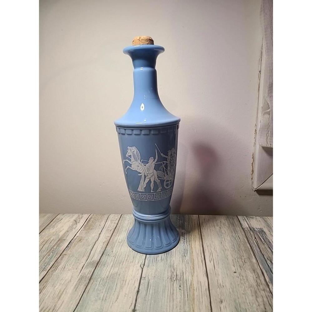 Vtg 1960 Jim Beam Greek Chariots Blue Milk Glass Liquor Decanter Bottle 12" Cork